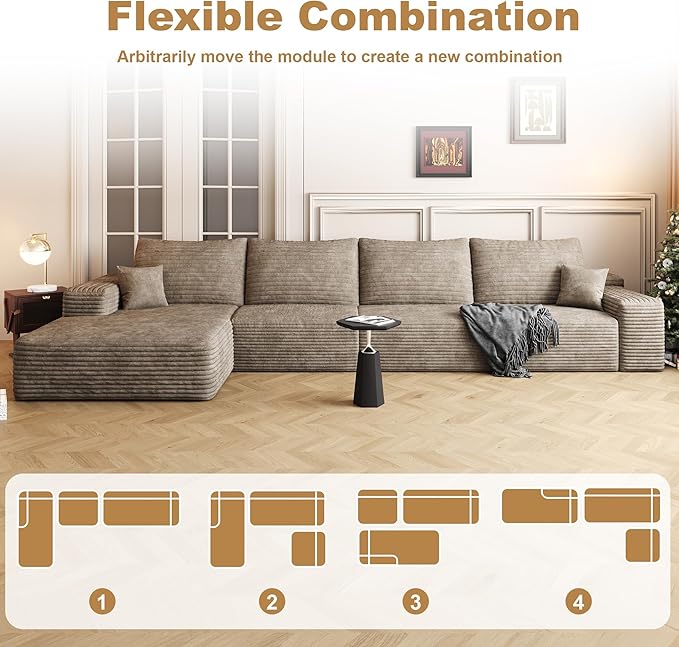 136" Sectional Couches for Living Room Modern Modular Sofa with L-Shape Couchs Upholstered Boneless Couch Deep Seat Sectional Couch with Chaise (Camel, Left Facing Chaise+3Seaters)-CasaMuseHome