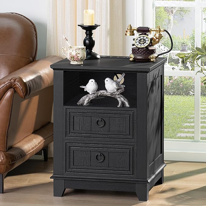18" Farmhouse Night Stand with Charging Station, 2 Drawers End Table Dresser for Bedroom, Black Wooden Nightstand, Bed Side Table with Open Shelf, Bedside Cabinet for Living Room, Closet-CasaMuseHome