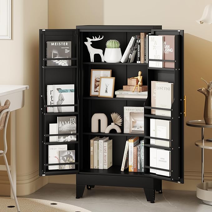 51" Kitchen Pantry Cabinet, Metal Storage Cabinet with 3 Adjustable Layer Shelves, 8 Door Shelves, Buffet Sideboard for Living Room, Kitchen, Black-CasaMuseHome