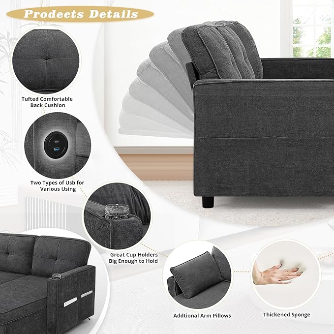 84 Inches Fabric Sectional Sofa w/Pull Out Sofa Bed & Adjustable Back, Tufted L Shaped Couch w/Storage Chaise, Sleeper Sectional Sofa w/USB Port & Cup Holders for Living Room, Grey-CasaMuseHome