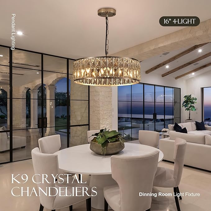 16” 4-Light Modern Crystal Chandeliers Nickel Dinning Room Light Fixture, Round Pendant Light Kitchen Island Chandelier, Flush Mount Ceiling Light for Living Room Entryway Bedroom Foyer-CasaMuseHome