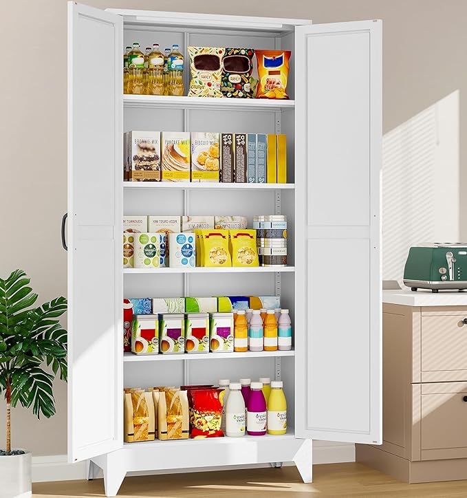 75" Tall Pantry Cabinet,Farmhouse Kitchen Pantry Storage Cabinets with 2 Doors and 5 Shelves,White Metal Storage Cabinet,Large Cupboard for Home,Kitchen,Dining/Living Room-CasaMuseHome