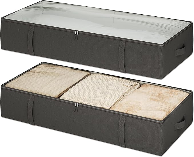 2-Pack Under Bed Storage Containers, 8 Inches Tall Underbed Clothes Storage Organizer Bin with Sturdy Sidewalls/Bottom, Under the Bed Storage Bags 2 Storage Bins, Black-CasaMuseHome
