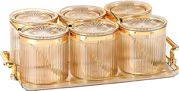 Acrylic Condiment Spice Jars,Condiment Spice Box With Lids and Spoons and Tray,Clear Plastic Condiment Canisters,Seasoning Box 6 Pack,Seasoning Box Set for Kitchen to Storage Salt,Paprika,Sugar-CasaMuseHome