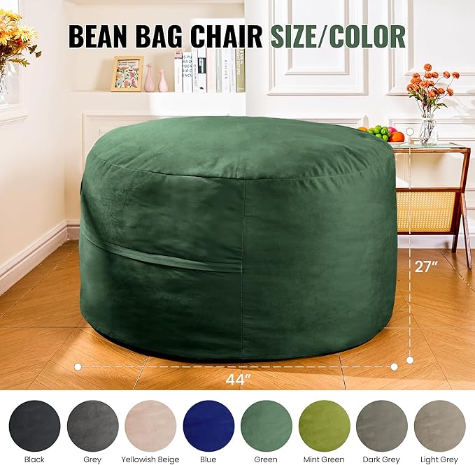 4FT Bean Bag Chair: Bean Bag with Velvet Cover, Fluffy and Comfy Bean Bag Chairs for Adults and Kids, Bean Bag Sofa Filled with High-Density Sponge for Gaming (Green)-CasaMuseHome