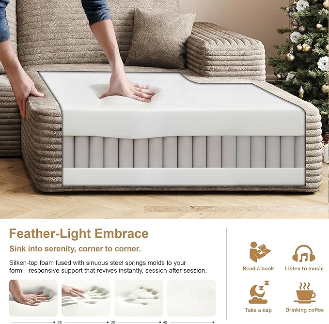 136" Sectional Couches for Living Room Modern Modular Sofa with L-Shape Couchs Upholstered Boneless Couch Deep Seat Sectional Couch with Chaise (Camel, Right Facing Chaise+3Seaters+Ottoman)-CasaMuseHome