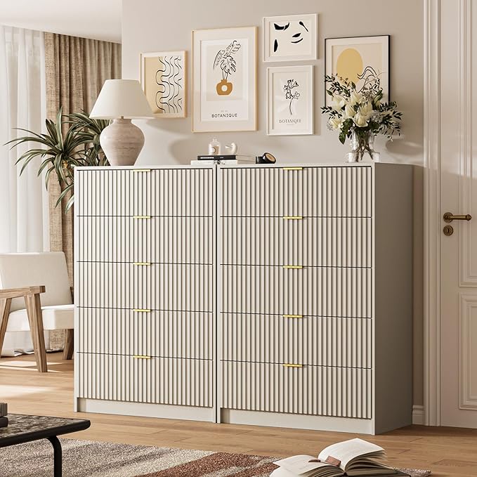 5 Drawer Dresser for Bedroom, Tall Dresser Chest of Drawers with Gold Handles, 32 Inch Wide Nightstand with for Bedroom, Living Rooms, Offices, and Entryways, Beige-CasaMuseHome