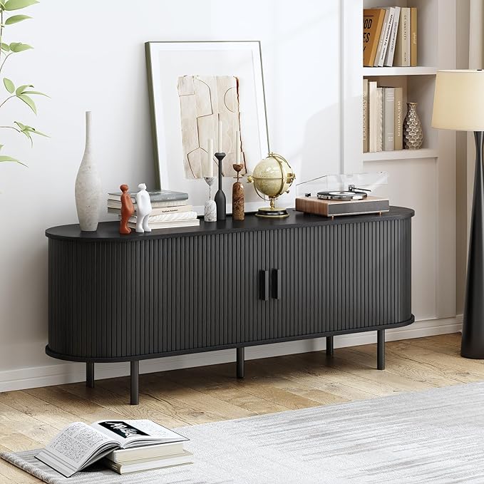 63" TV Stand with Power Outlet, Modern Media Console with Sliding Doors, Entertainment Center for TVs up to 60 Inch, Adjustable Shelves, Black-CasaMuseHome