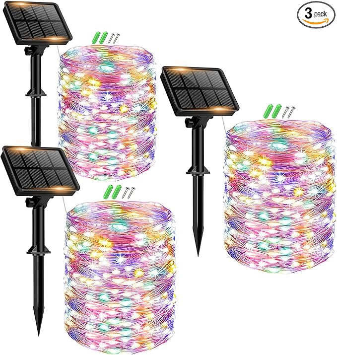 3 Pack Solar Fairy Lights for Outside Waterproof, 49FT/15M 150LED Solar String Lights Outdoor 8 Modes Solar Twinkle Lights for Garden Yard Christmas Tree Wedding Party Decor, Multicolor-CasaMuseHome
