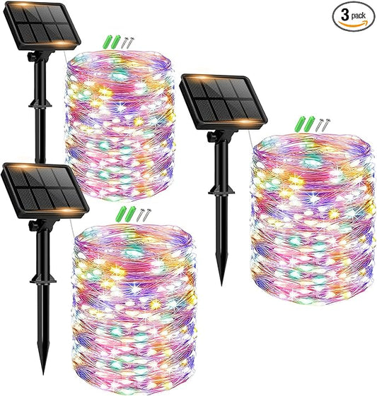 3 Pack Solar Fairy Lights for Outside Waterproof, 49FT/15M 150LED Solar String Lights Outdoor 8 Modes Solar Twinkle Lights for Garden Yard Christmas Tree Wedding Party Decor, Multicolor-CasaMuseHome