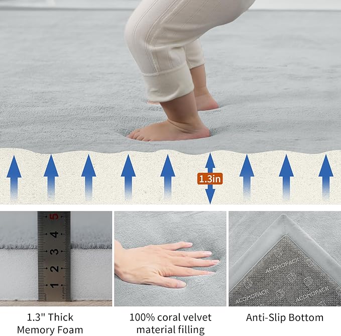 ACOMOPACK Baby Play Mat for Floor,1.3" Thick Memory Foam Area Rug for Living Room,Soft Velvet Crawling with Non-Slip Bottom for Kid,Toddler,79"×118" Tummy Time Nursery Rugs,Yoga（Light Grey）-CasaMuseHome