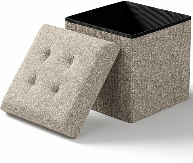 15 Inches Small Folding Storage Ottoman Cube, Storage Footrest, Foot Rest Stool, for Living Room, Bedroom, Dorm, Hallway, Entryway, Sandy Beige-CasaMuseHome