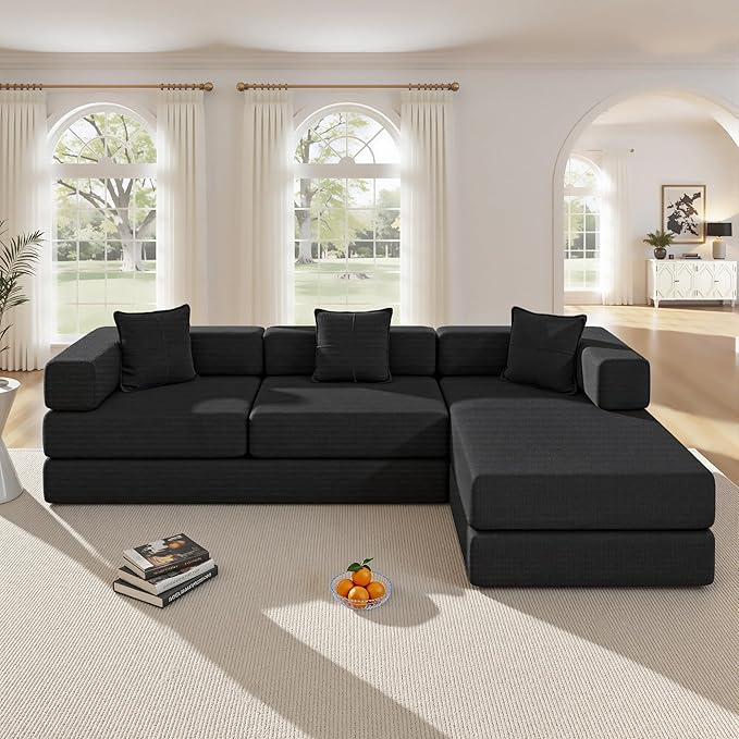 108" Oversized Convertible Sleeper Sofa Bed, Corduroy L Shape Sectional Couch, Folding Sofa Bed with Side Pocket, Modern Cloud Floor Mattress Couch, Modular Sofa for Living Room, Black-CasaMuseHome
