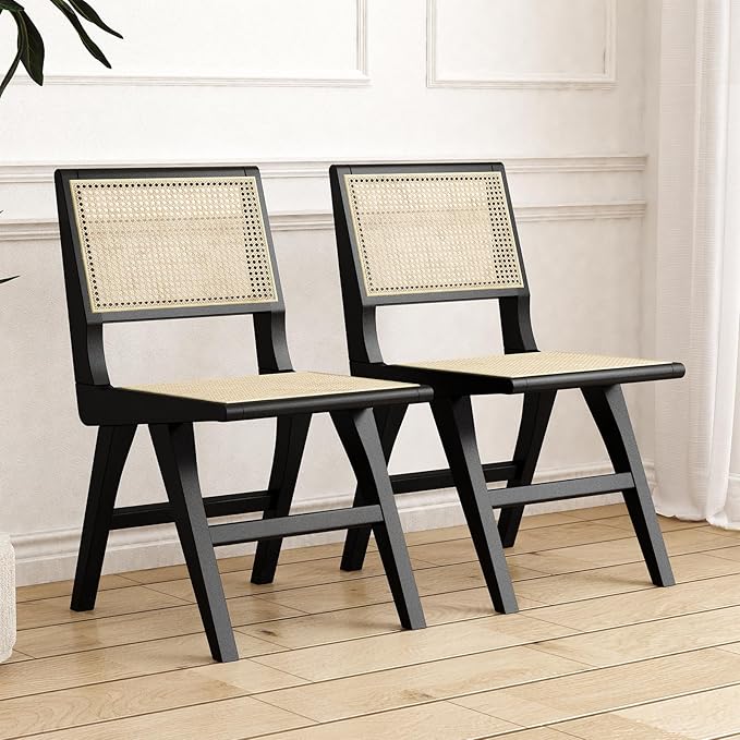 Accent Chair Dining Chairs Set of 2, Solid Wood Frame Boho Rattan Chair, Mid Century Modern Accent Chairs for Living Room Bedroom Dining Room Kitchen(Black)-CasaMuseHome