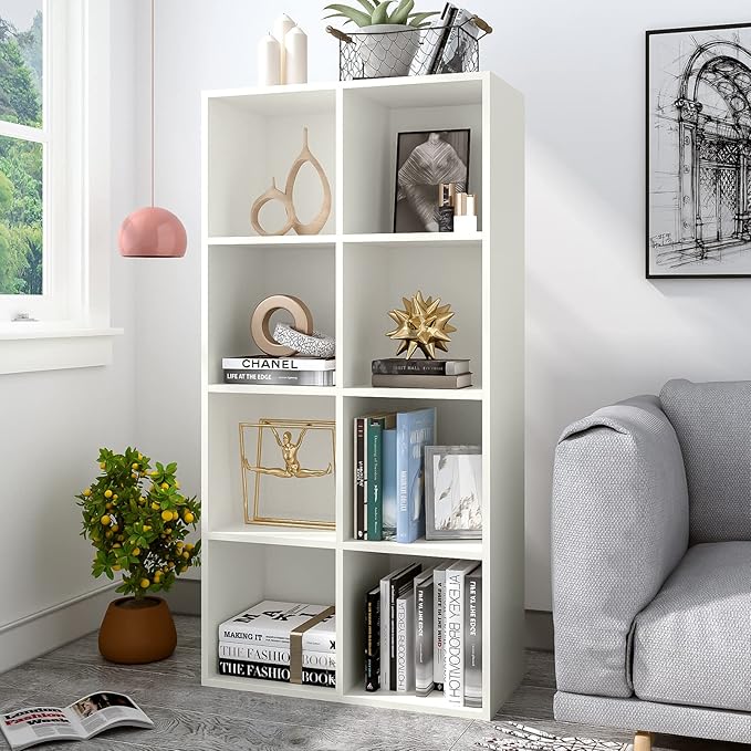 8-Cube Storage Shelf Bookcase - Wooden 4-Tier Floor Standing Open Bookshelf, Modern TV Stand up to 55 Inchs for Home and Office, Warm White-CasaMuseHome