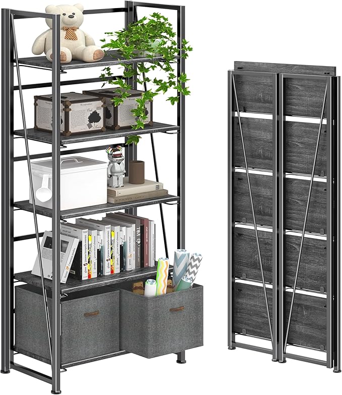 4NM No Assembly Foldable Bookshelf, 5-Shelf Collapsible Bookcase Storage for Small Spaces, 62.2" H, Gray and Black-CasaMuseHome