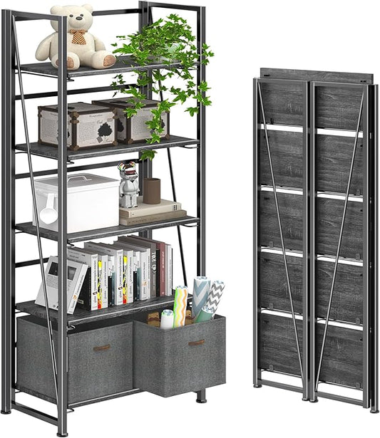 4NM No Assembly Foldable Bookshelf, 5-Shelf Collapsible Bookcase Storage for Small Spaces, 62.2" H, Gray and Black-CasaMuseHome