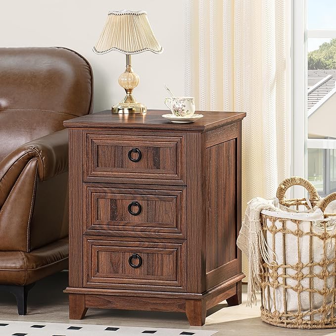 18" Farmhouse Night Stand with 3 Drawers, Wood End Table Dresser for Bedroom, Retro Nightstand, Bed Side Table with Metal Handle, Bedside Cabinet for Bedroom Living Room, Closet-CasaMuseHome