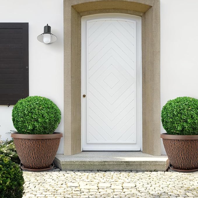 4 Pack 12 Inch Pots for Plants, Plastic Outdoor Flower Pots with Drainage Hole & Tray, Large Planters for Garden Porch Home Indoor Outdoor Decor - Pebbles Pattern Design Plant Pots-CasaMuseHome