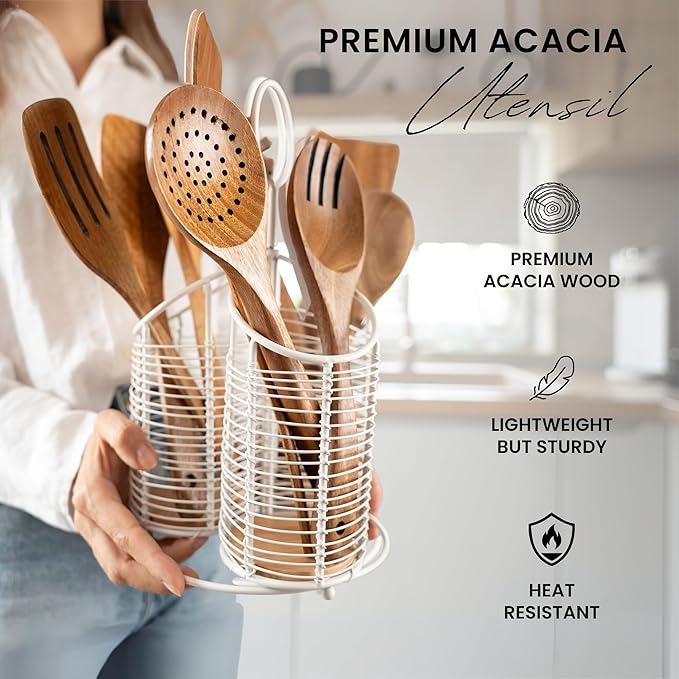 360° Rotating Kitchen Utensil Holder- 3 Compartment Organizer with Cork Bottom | Includes Premium 9-Piece Acacia Wood Utensil Set | Professional Luxury Design | Metal Utensil Crock (Matte white)-CasaMuseHome