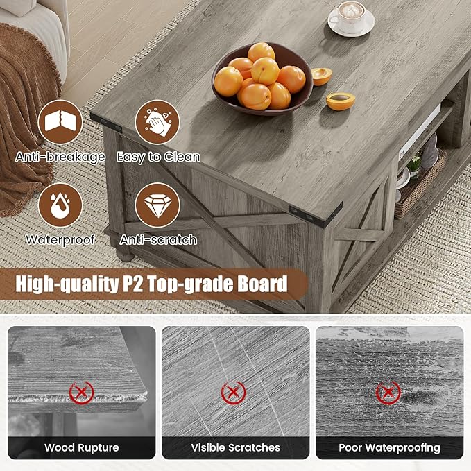 48" Farmhouse Lift Top Coffee Table with Storage Sliding Barn Door & Large Hidden Compartment, Coffee Table with Lifting Top with Wooden Lift Tabletop, Coffee Tables for Living Room, Grey-CasaMuseHome