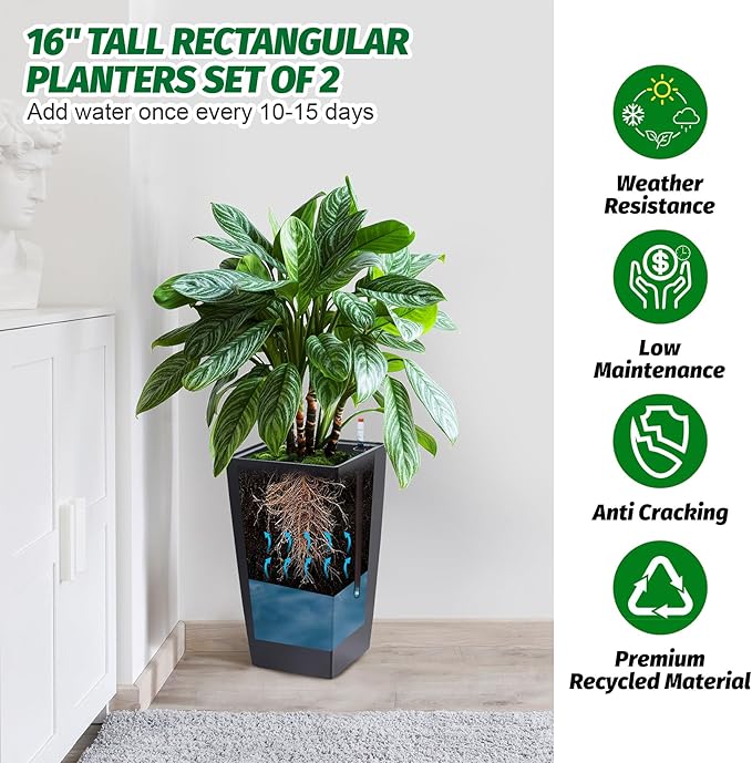 16" Tall Planters Set of 2, Outdoor＆Indoor Black Planter Pots, High Front Porch Planter Pots with Drainage Holes＆Water Level Monitor＆Inner Bucket, Automatic Watering,Black-CasaMuseHome