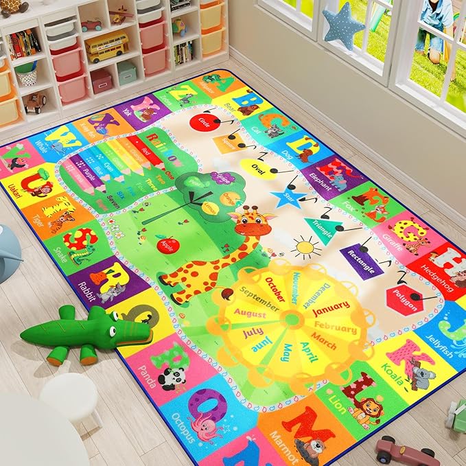 9x12 Washable Area Rug, Educational and Fun Kids Rug for Classroom Playroom Living Room Bedroom, Learning and Safe Playmat with ABC Alphabet Animals,Baby Toddler Children Play Mat-CasaMuseHome