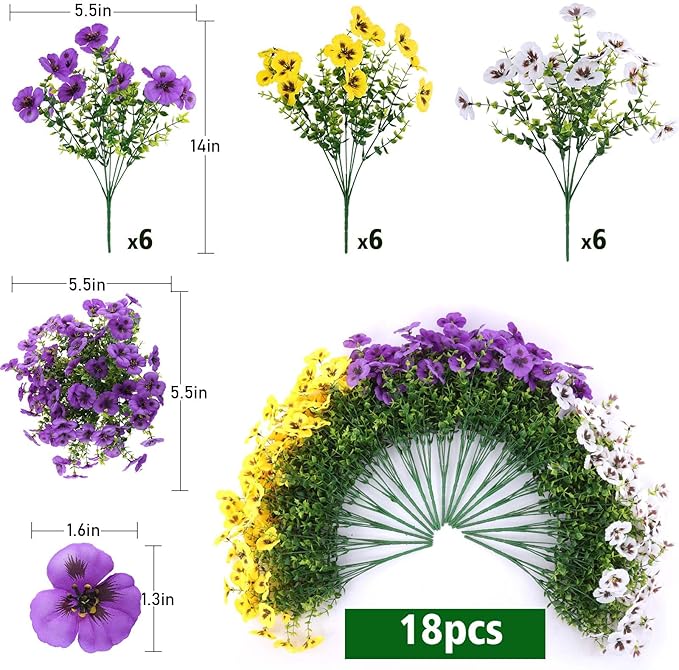 18 Bundles Artificial Fake Pansy Flowers for Outdoor, Faux UV Resistant Silk Pansies Flowers for Outside Planter Front Door Porch Yard Patio Window Box Home Decor (18, Purple, Yellow, White)-CasaMuseHome