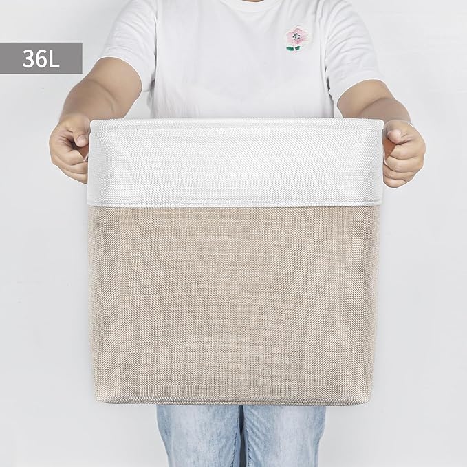 13x13 Cube Storage Bins, Collapsible Fabric Storage Box, 4 Pack Closet Baskets with Handles for Organizing, Shelf, Toys, Clothes, Home, Office, Nursery (Beige&White)-CasaMuseHome