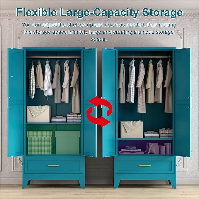 71'' Farmhouse Metal Wardrobe Cabinet with Hanging Rod, 2 Barn Door Wardrobe Closet with Adjustable Shelves,Drawer,for Dining Room,Bedroom,Living Room, Cloak Room,Office (Peacock Blue)-CasaMuseHome