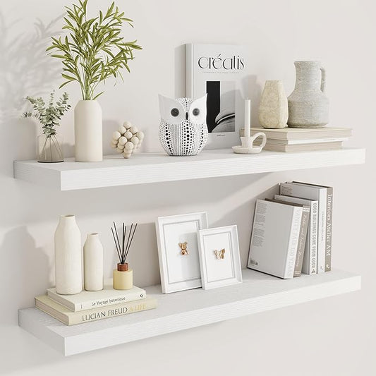 36 Inch Floating Shelves, 9.3 Inch Deep Rustic Wall Shelves - Extra Deeper Wall Mounted Storage Shelves for Bathroom, Kitchen, Living Room (White, Set of 2)-CasaMuseHome