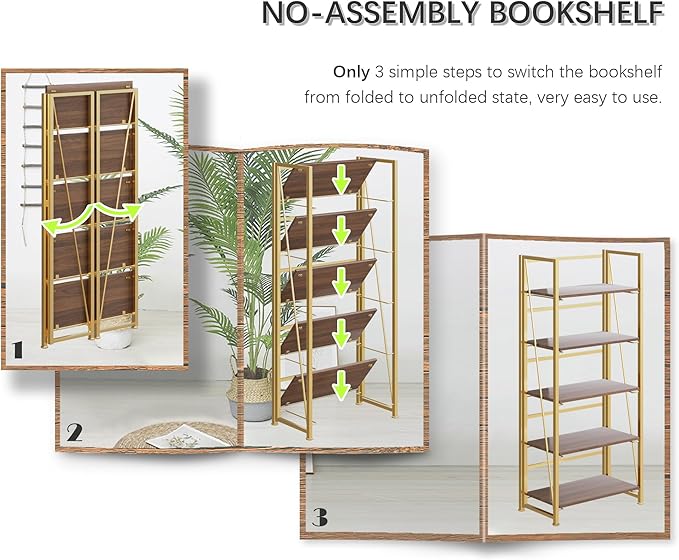4NM No Assembly Foldable Bookshelf, 5-Shelf Collapsible Bookcase Storage for Small Spaces, 62.2" H, Brown and Golden-CasaMuseHome