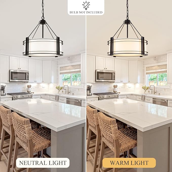 16.3''Black Drum Chandelier 3-Light Modern Farmhouse Chandelier with White Fabric Shade Adjustable Drum Pendant Light Fixture for Dining Room Kitchen Island Hallway Living Bedroom-CasaMuseHome