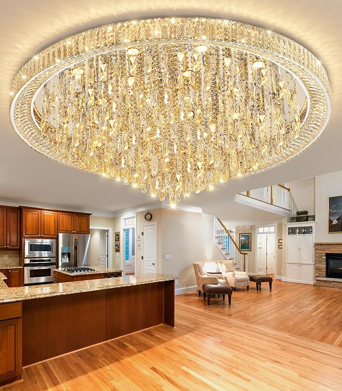 53.7'' Modern Chandeliers LED Dimmable Crystal Flush Mount Ceiling Chandeliers for Living Room High Ceiling Entrance Foyer Lobby Bedroom Silver-CasaMuseHome