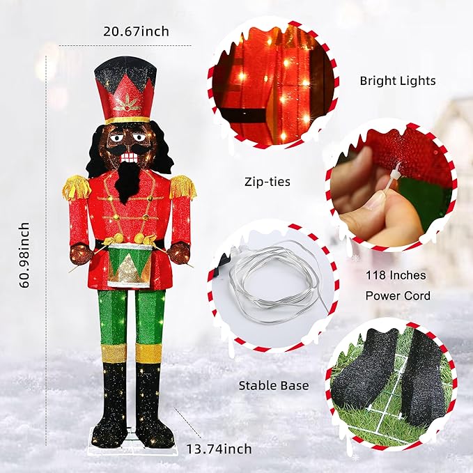 61Inch Nutcracker Christmas Decor Outdoor with LEDs 5 Feet Lighted Large Nutcracker Lighted Christmas Decorations Outdoor with Stakes & Zip Ties for Xmas Yard, Porch, Lawn-CasaMuseHome