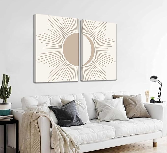 2Pcs Minimalism Boho Canvas Wall art Mid Century Modern Beige and White Sun and Moon Geometric Abstract Painting Pictures Wall Decor Posters Print Artwork for Bedroom Living Room Decoration-CasaMuseHome