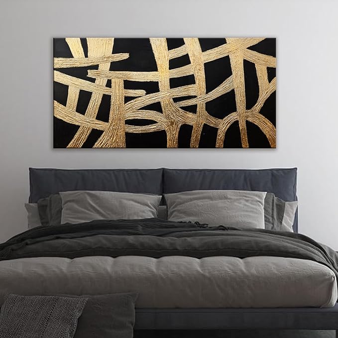 Abstract Wall Art Paintings Canvas Wall Art Decor Black And Gold Lines Artwork for Walls Texture Wall Decorations Modern Minimalist Wall Art Living Room Decor For Room Bedroom Office Wall Decor 24"X48"-CasaMuseHome