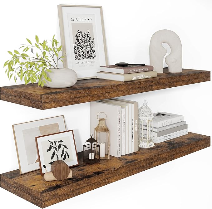 12" Deep Floating Shelves for Wall 36 Inches Long, Heavy Duty Wall Shelves for Bedroom Bathroom Kitchen Laundry Room, Farmhouse Rustic Shelves for Home Decor, 36" X 12" X 2" Set Of 2, Rustic Brown-CasaMuseHome