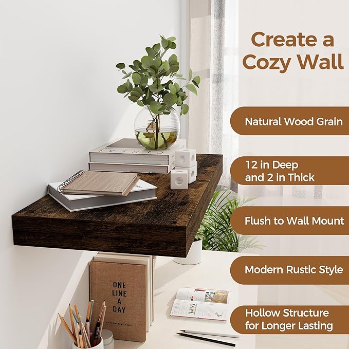 12 Inch Deep Floating Shelves, 24 x 12 Floating Shelf for Books, Rustic Wood Deep Wall Shelves for Home Storage & Display, 2" Thicked Shelves for Kitchen, Living Room, Bedroom, Rustic Brown, 2 Pack-CasaMuseHome