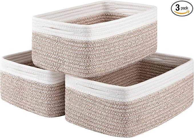 3 Pack Small Storage Baskets for Organizing, Cute Woven Decorative Gift Baskets for Shelves, Mini Closet Organizer Bins with Handles-13''Lx8.66''Wx5.11''H-Brown and White-CasaMuseHome