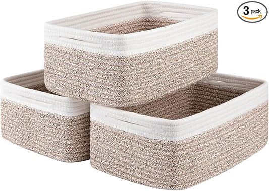 3 Pack Small Storage Baskets for Organizing, Cute Woven Decorative Gift Baskets for Shelves, Mini Closet Organizer Bins with Handles-13''Lx8.66''Wx5.11''H-Brown and White-CasaMuseHome