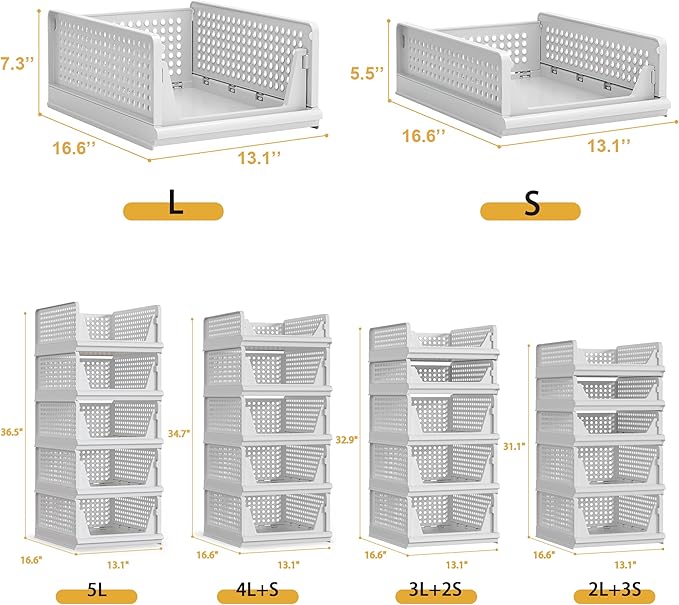 5 Pack Stackable Plastic Storage Basket Closet Organizer Bin Foldable Clothes Organizer Storage Drawer Shelf Container for Living room Bathroom Kitchen Office (4L+1S)-CasaMuseHome