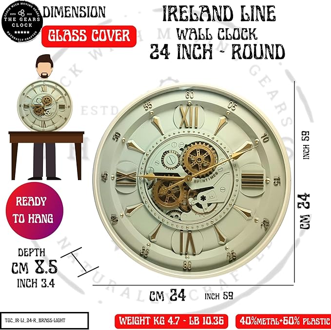 24'' Inch Real Moving Gear Wall Clock Ireland Line (Brass Light, 24 inches (59 cm))-CasaMuseHome