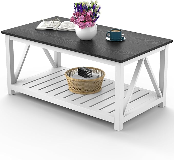40" Farmhouse Coffee Table | Vintage Rustic Wooden Coffee Table with Lower Shelf for Living Room, Dorm, Office, Bedroom Center Table - Black-CasaMuseHome
