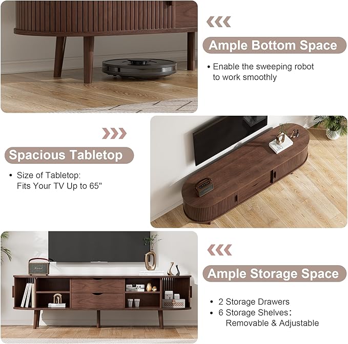 55" Mid Century TV Stand, Fluted TV Stand Fits 32" to 60" TVs. Wood Entertainment Center for Living Room, Farmhouse Modern TV and Media Console Table with Storage, Curved Edge and Sliding Door, Walnut-CasaMuseHome