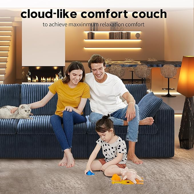 118" 3-Seater Cloud Sofa,Modular Sectional Couch,Modern Deep Seat Upholstered Couches with Plush Corduroy Fabric for Living Room Furniture,Bedroom and Apartment,No Assembly Required,Blue-CasaMuseHome