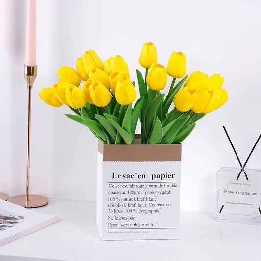 20pcs Yellow Artificial Tulip Fake Flower 12.9 Inch Spring Mother's Day Easter Gift for Home Kitchen Wedding Decoration-CasaMuseHome