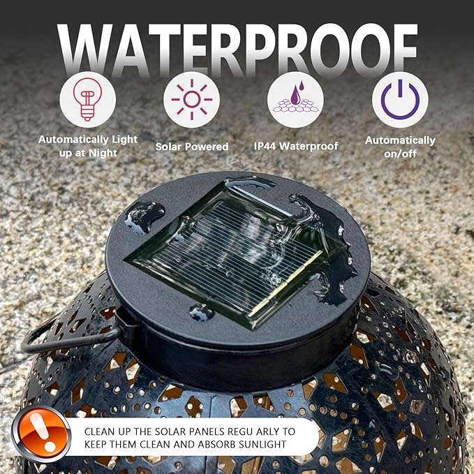 2 Pack Outdoor Solar Lantern Lights, Waterproof Tabletop LED Moroccan Lanterns, Hanging Metal Decorative Garden Lights for Patio, Lawn, Porch, Backyard-CasaMuseHome