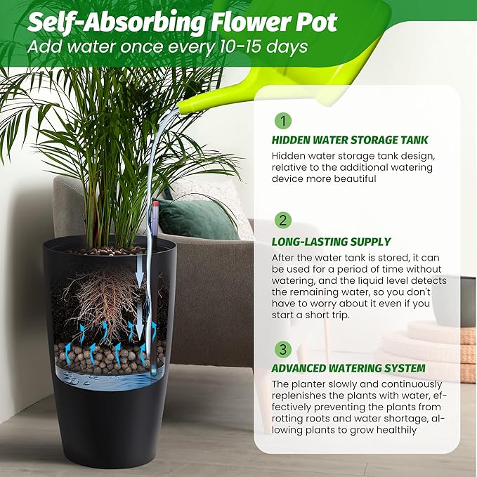22" Tall Round Planter Set of 2, Self Watering Pots for Indoor Plants, Large Flower Pot Outdoor with Built-in Drainage and a Water Level Monitor, for Patio, Porch, Living Room, or Home Office, Black-CasaMuseHome