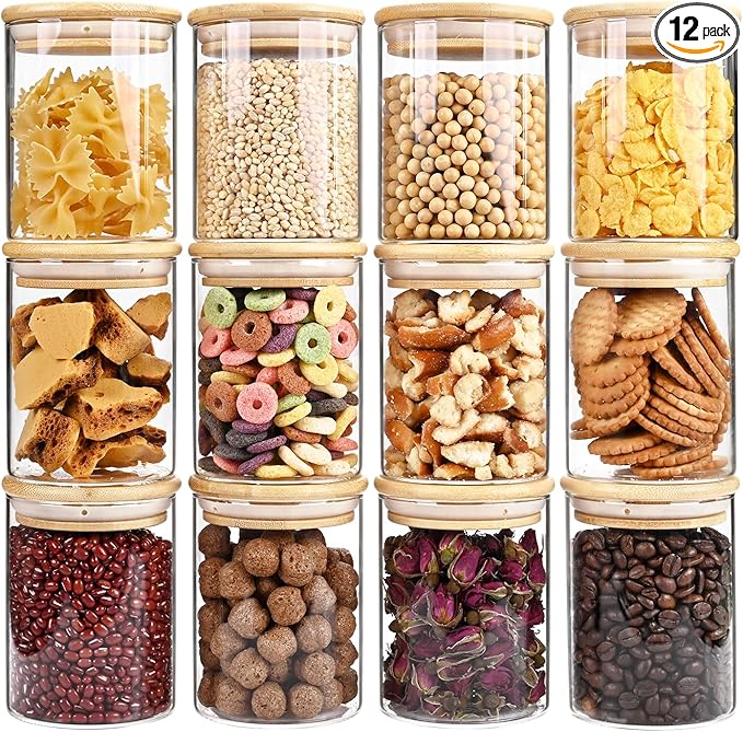 17oz Glass Food Storage Jars, Glass Jars with Bamboo Lids, Kitchen Storage Jars, Set of 12, Canisters with Airtight Lids for Spice, Coffee, Cookie, Pantry Organizers-CasaMuseHome